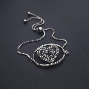 Silver Openwork Marcasite Heart Dainty Chain Adjustable Slider Tennis Bracelet